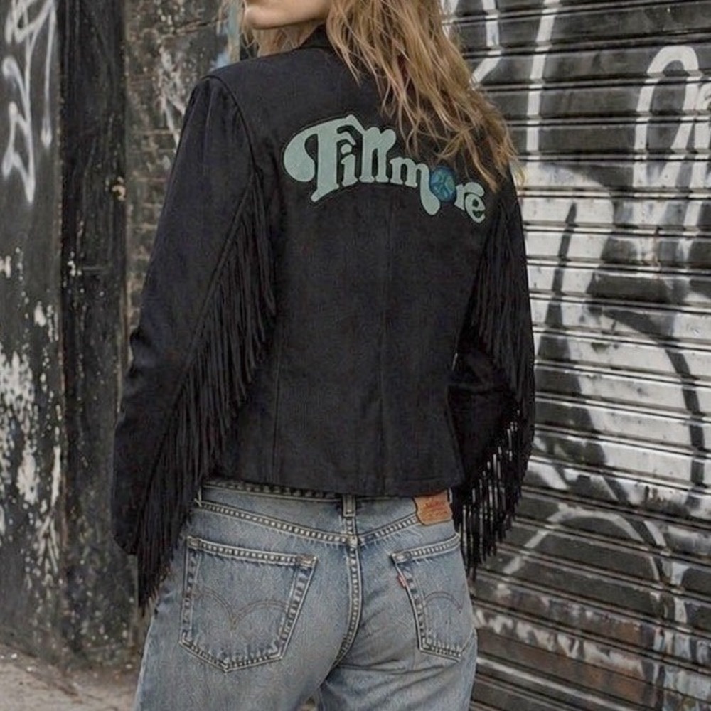 VTG‎ Filmore Fringe Western Blazer Jacket Black Wool Blend Embroidered Back Sz L